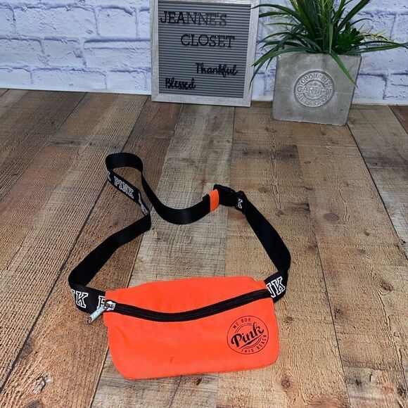 PINK Victoria's Secret We Run The Beach Neon Orange Flat Fanny Pack Logo - Picture 1 of 9